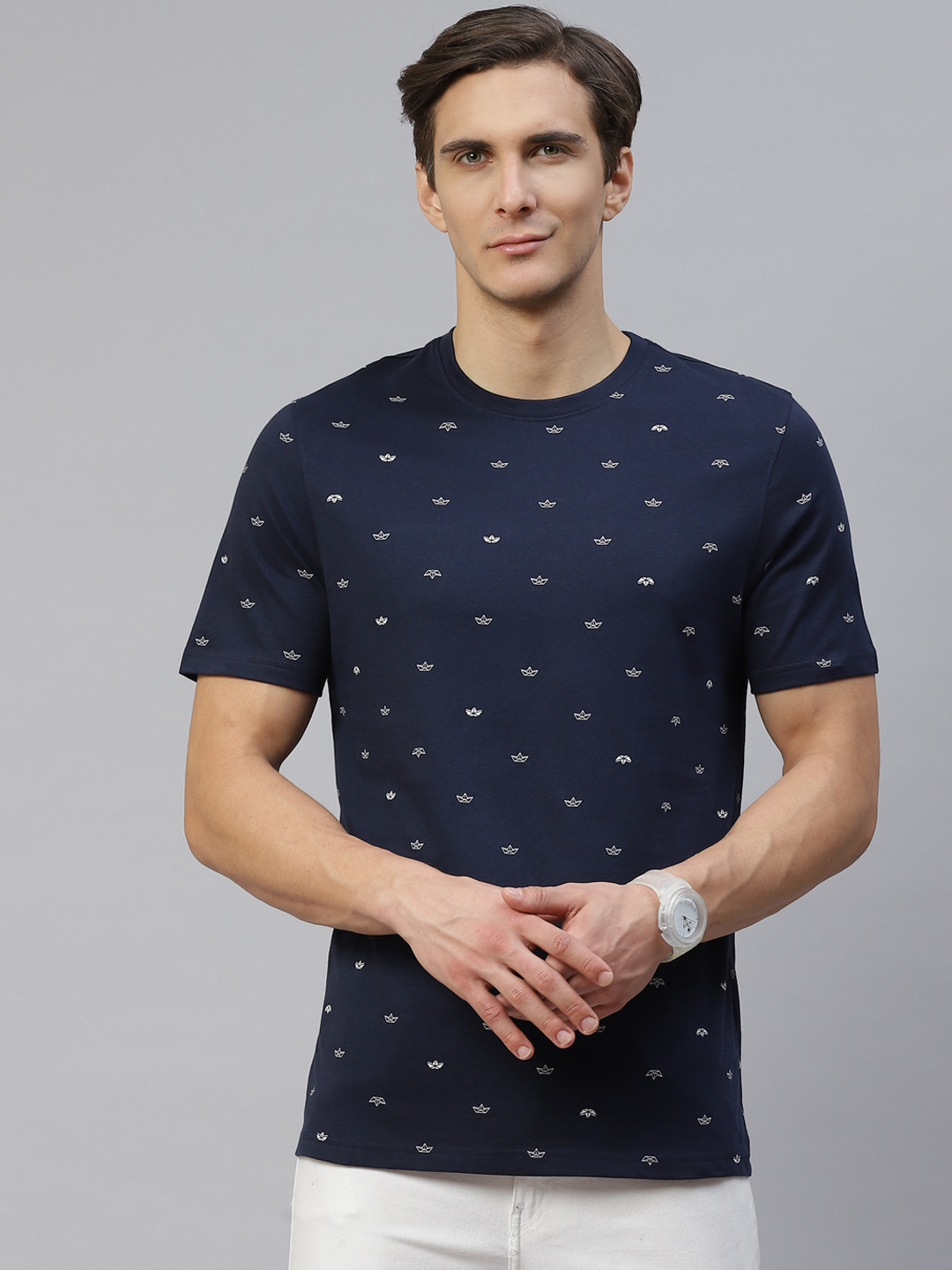 

Marks & Spencer Men Navy Blue & White Printed Pure Cotton T-shirt