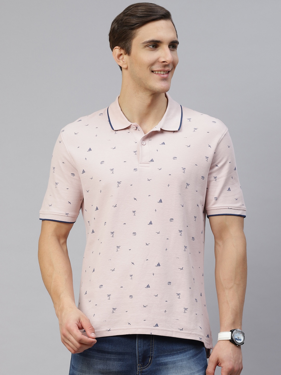 

Marks & Spencer Men Pink & Navy Blue Floral Printed Polo Collar Pure Cotton T-shirt