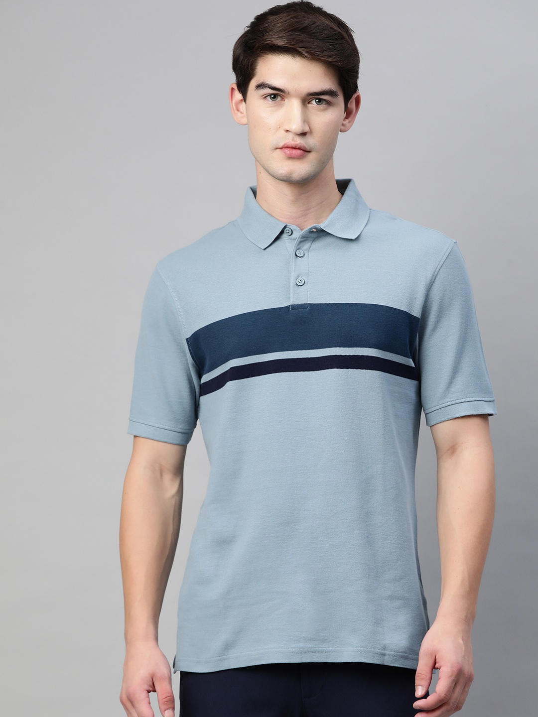 

Marks & Spencer Men Blue Striped Polo Collar T-shirt