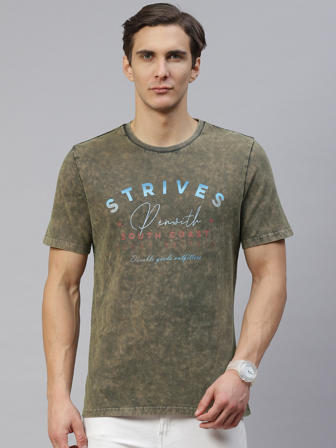 

Marks & Spencer Men Olive Green & Blue Typography Printed Cotton T-shirt