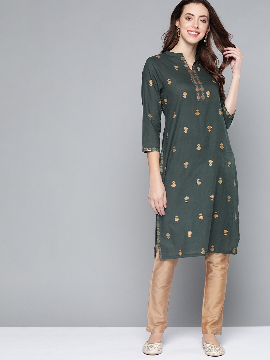 HERE&NOW Women Green Ethnic Motifs Printed Kurta