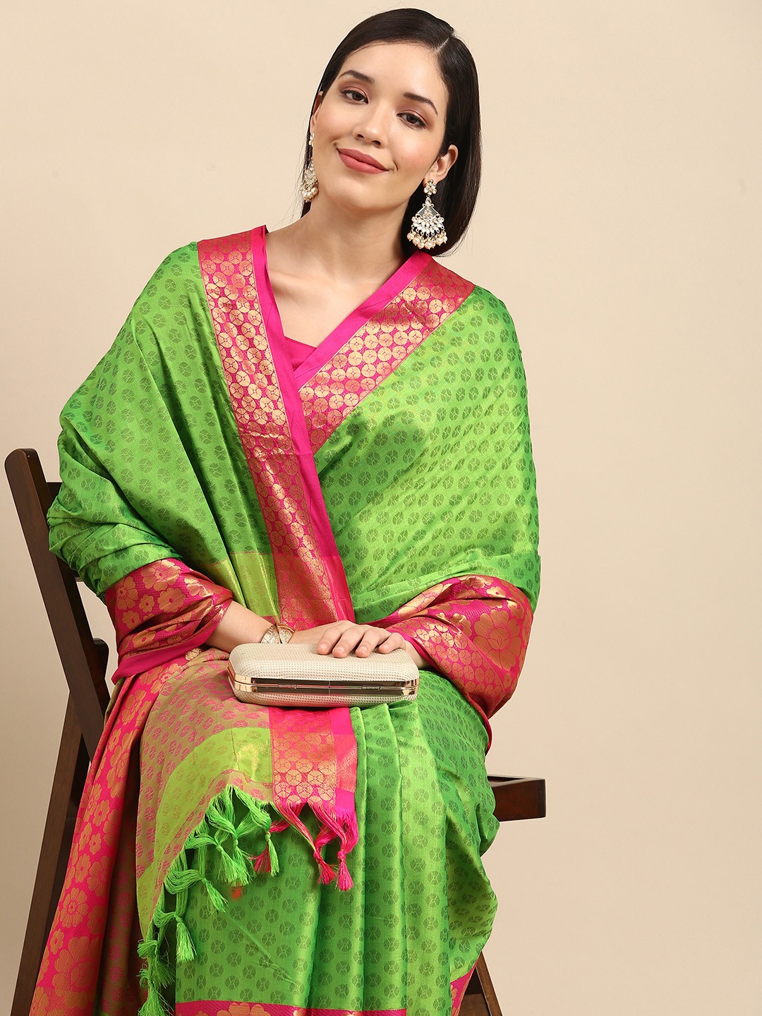 

Anouk Green Ethnic Motifs Zari Pure Silk Banarasi Saree