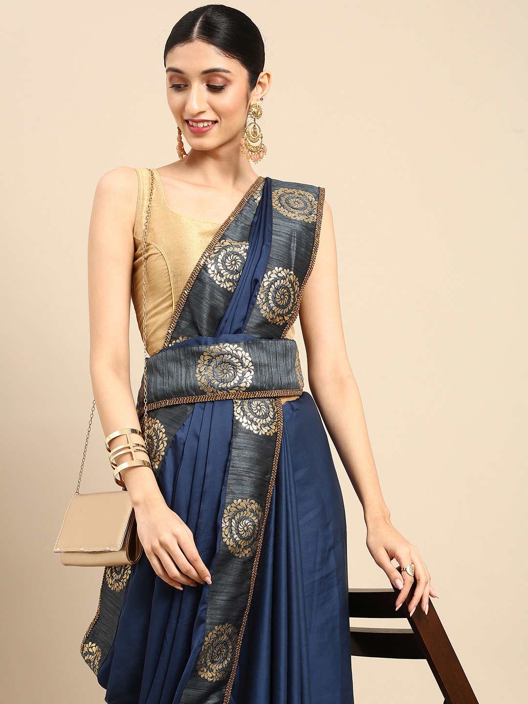 

Anouk Navy Blue Patchwork Satin Bhagalpuri Saree