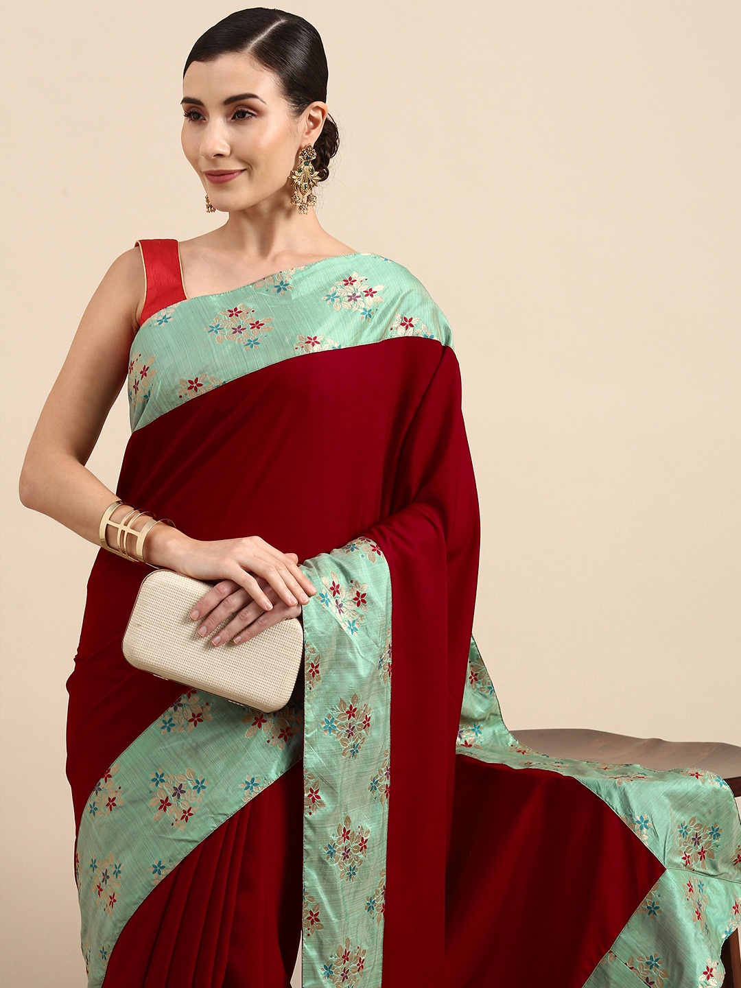 

Anouk Maroon Woven Design Patchwork Bhagalpuri Saree
