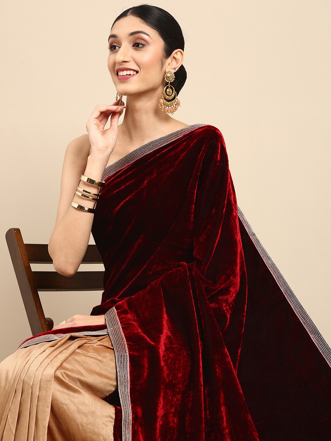 

Anouk Maroon & Beige Patchwork Velvet Half and Half Bhagalpuri Saree