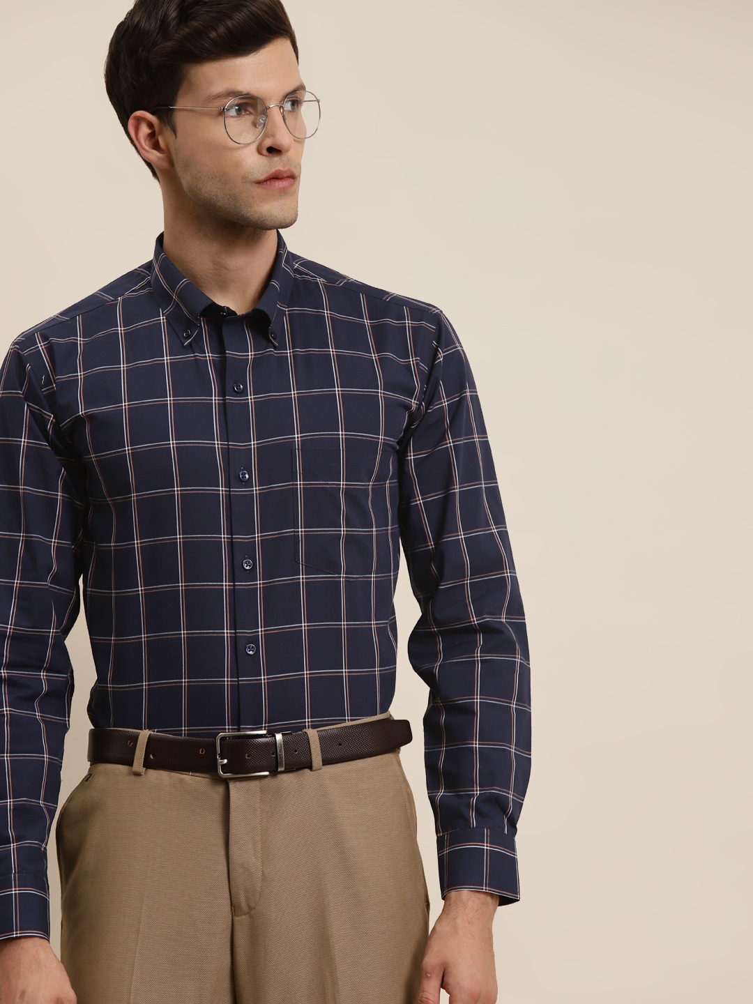 

Hancock Men Navy Blue Slim Fit Windowpane Checks Opaque Checked Formal Shirt