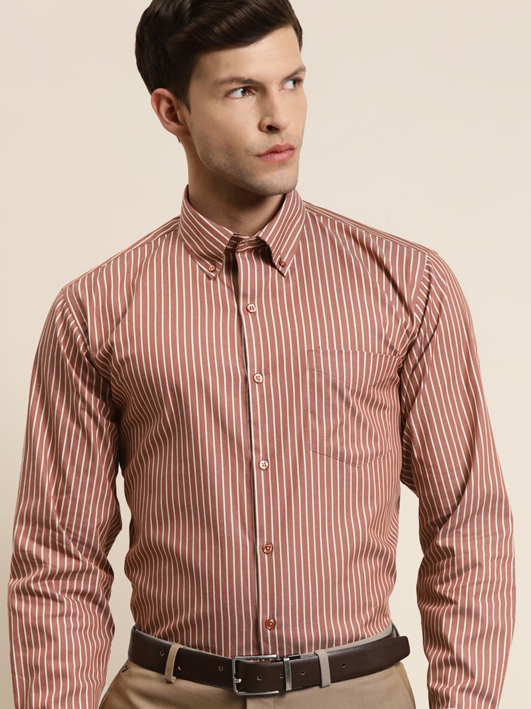 

Hancock Men Rust Slim Fit Opaque Striped Formal Shirt