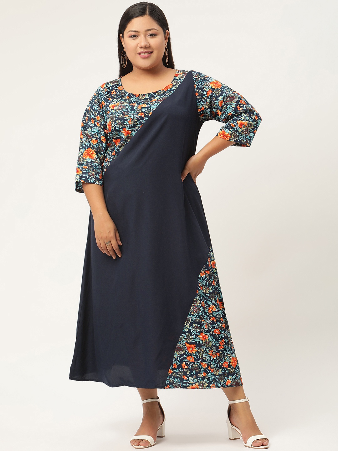 

Revolution Navy Blue & Orange Floral Crepe A-Line Midi Plus Size Dress