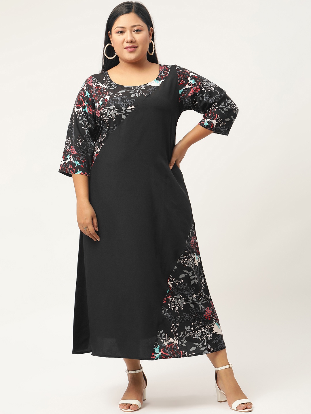 

Revolution Black & Red Floral Crepe A-Line Midi Plus Size Dress