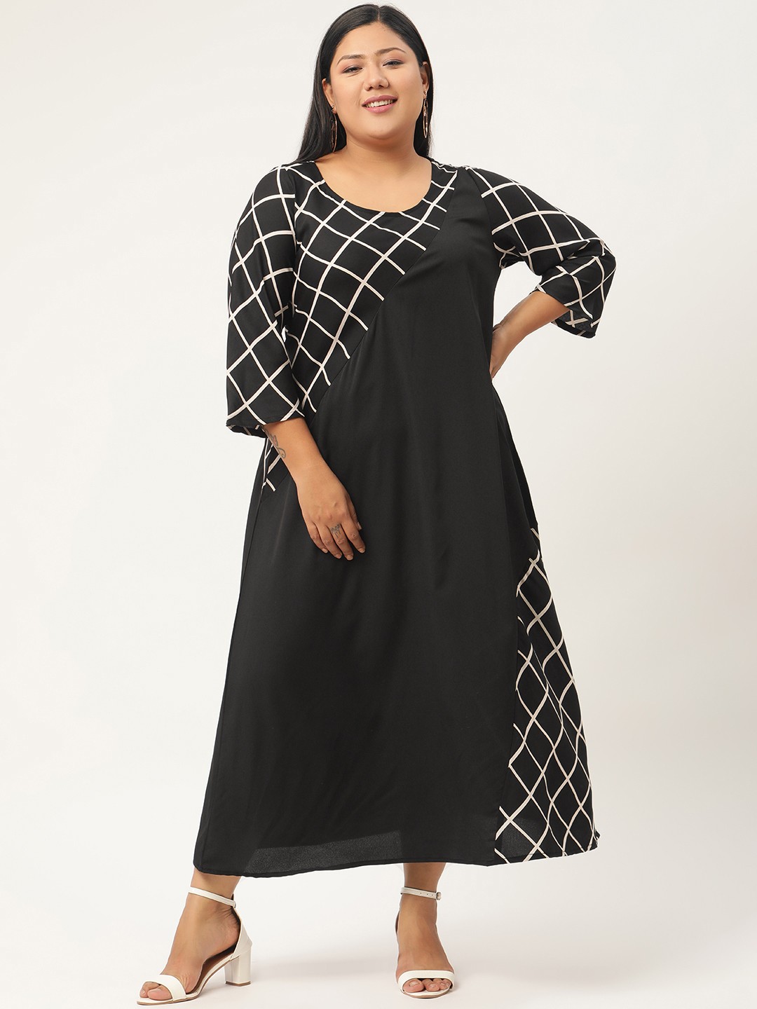 

Revolution Black & White Checked Crepe A-Line Midi Plus Size Dress