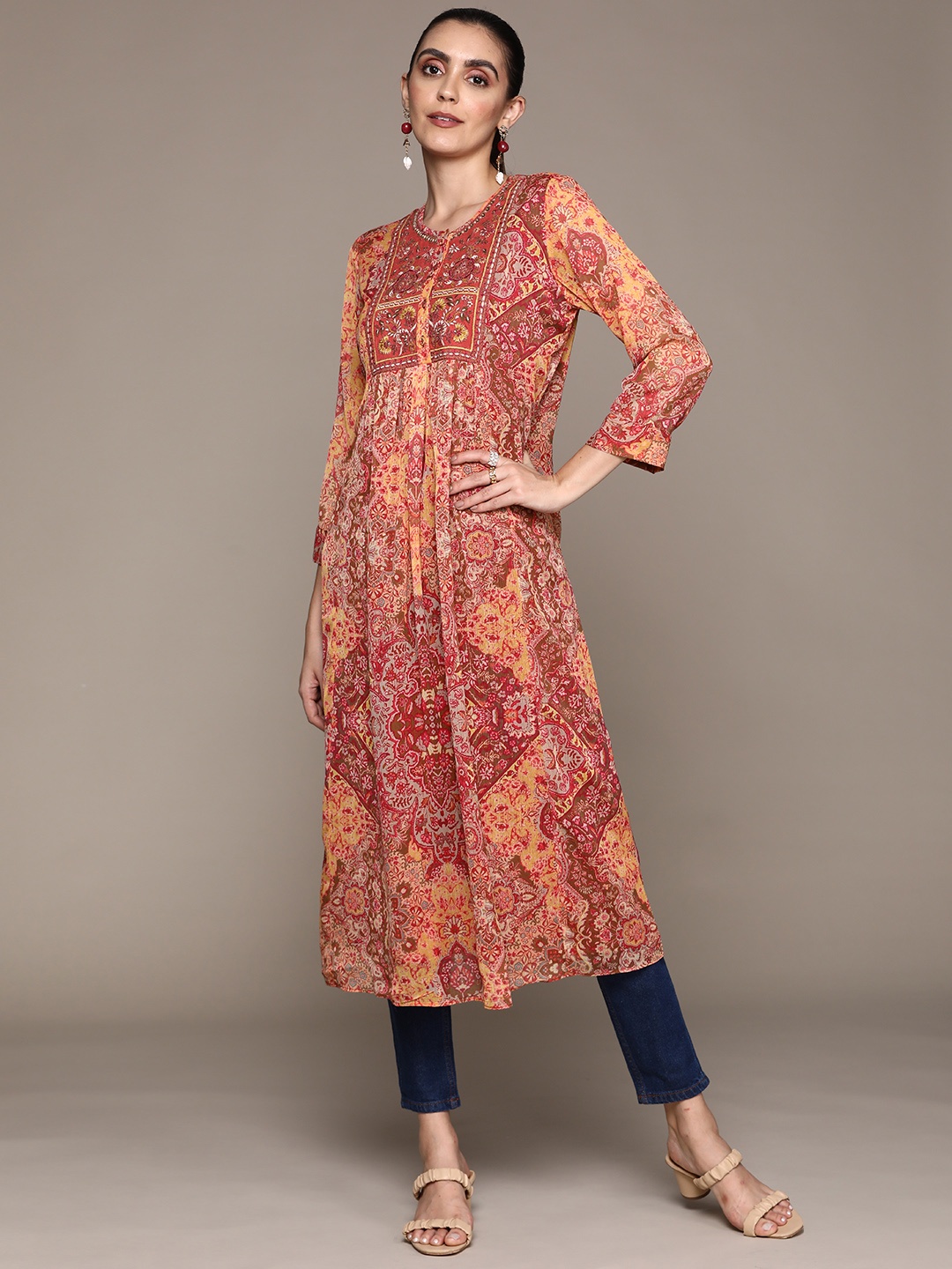 

aarke Ritu Kumar Women Peach-Coloured & Red Ethnic Motifs Printed Kurta