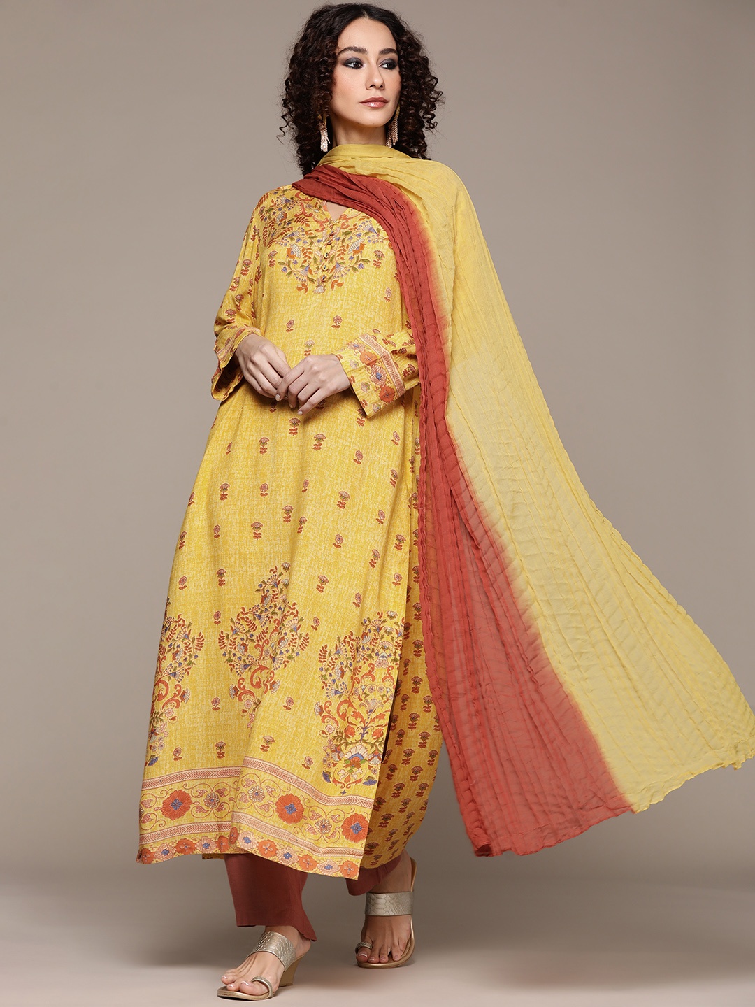 aarke Ritu Kumar Women Yellow Printed Regular Kurta with Palazzos & With Dupatta