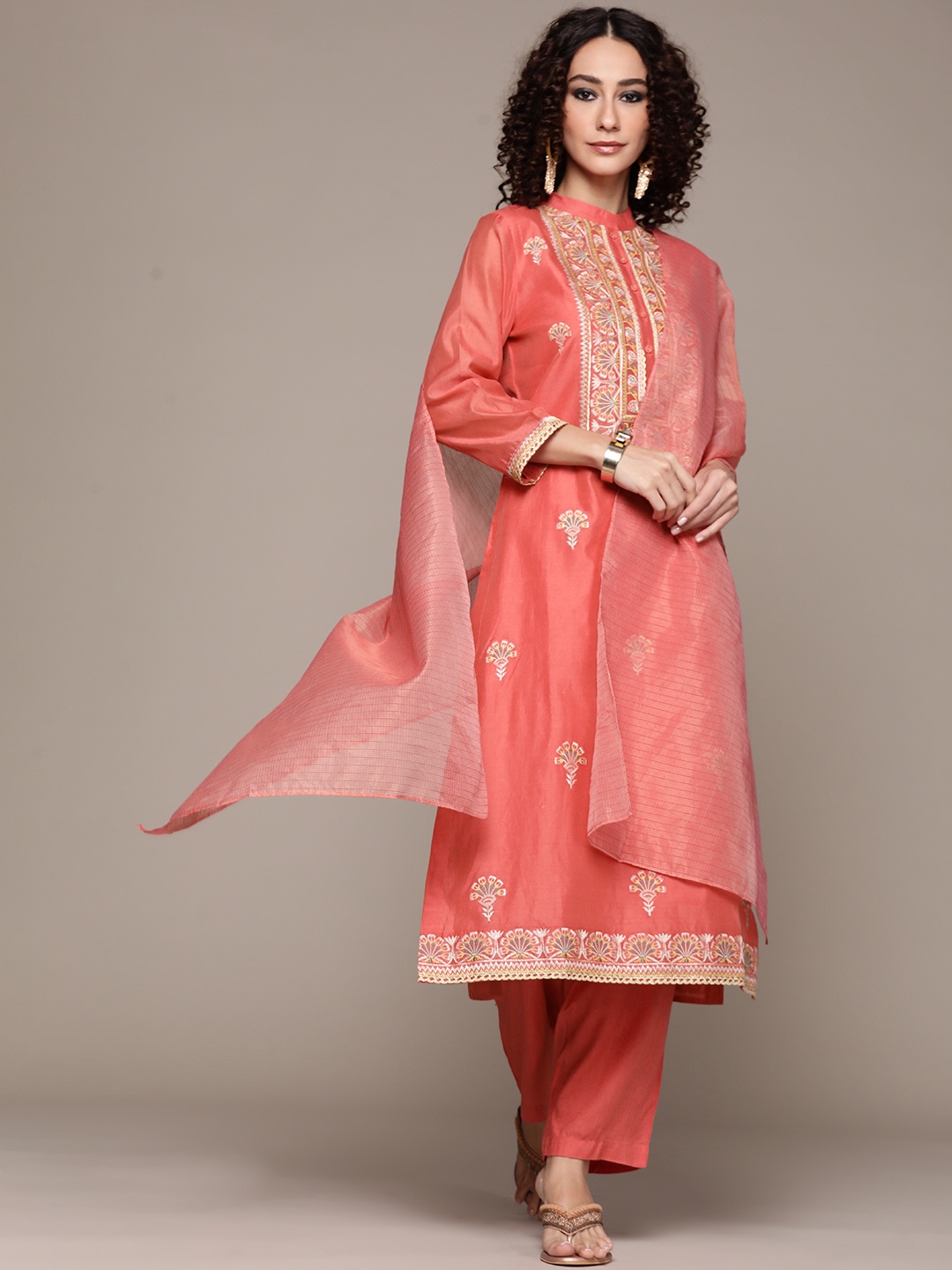 

aarke Ritu Kumar Women Pink Embroidered Regular Kurta with Palazzos & With Dupatta
