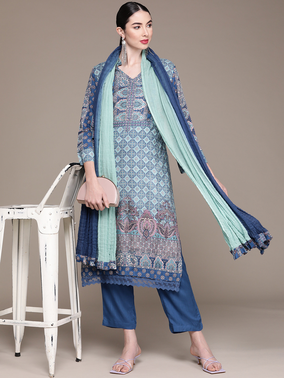 

aarke Ritu Kumar Women Blue & Pink Ethnic Print Kurta with Trousers & Dupatta