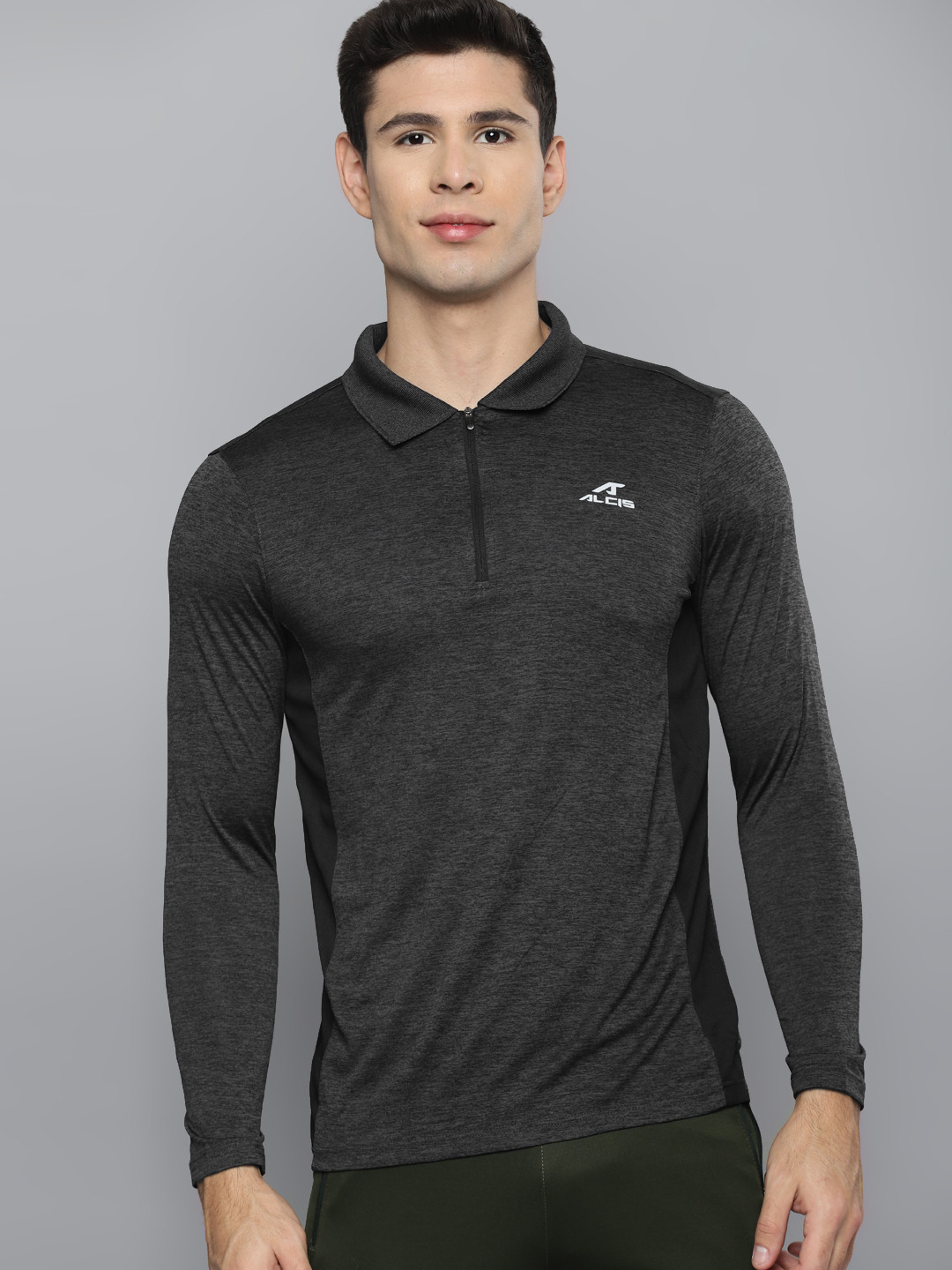 

Alcis Men Charcoal & Black Solid Polo Collar Slim Fit Sports T-shirt