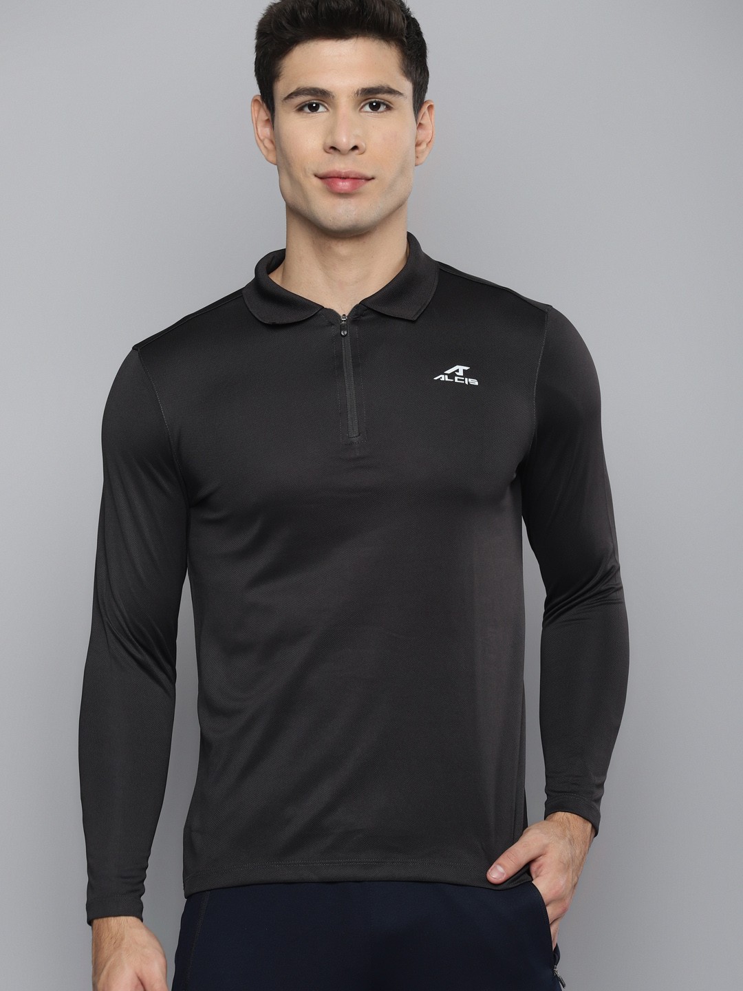 

Alcis Men Charcoal Solid Polo Collar Slim Fit Sports T-shirt