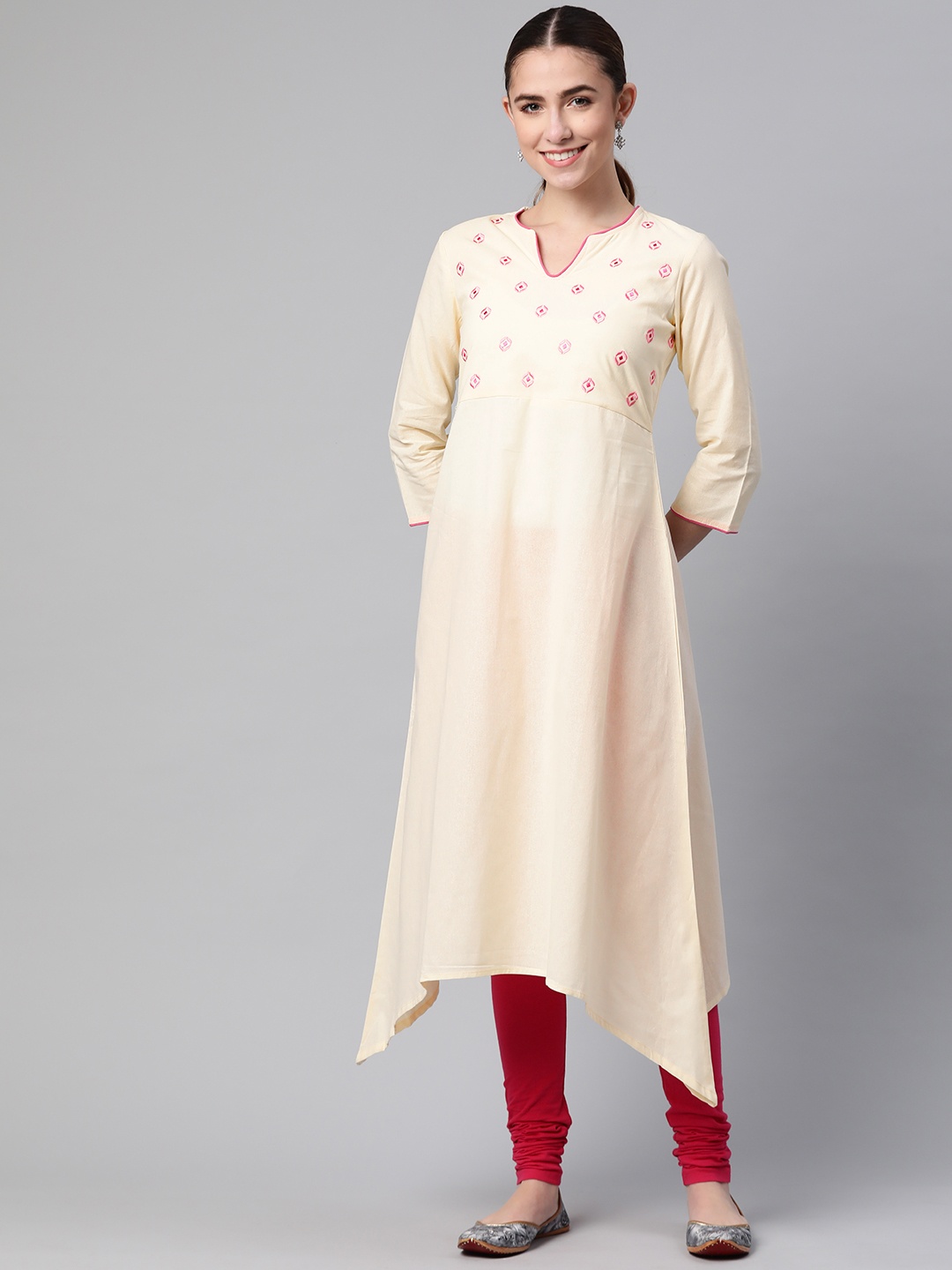 Rangriti Women Beige Mirror Work Asymmetric Kurta