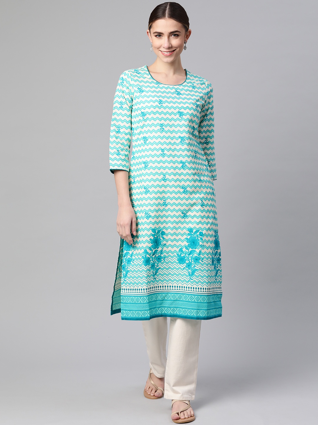 

Rangriti Women Turquoise Blue & White Pure Cotton Floral Printed Kurta