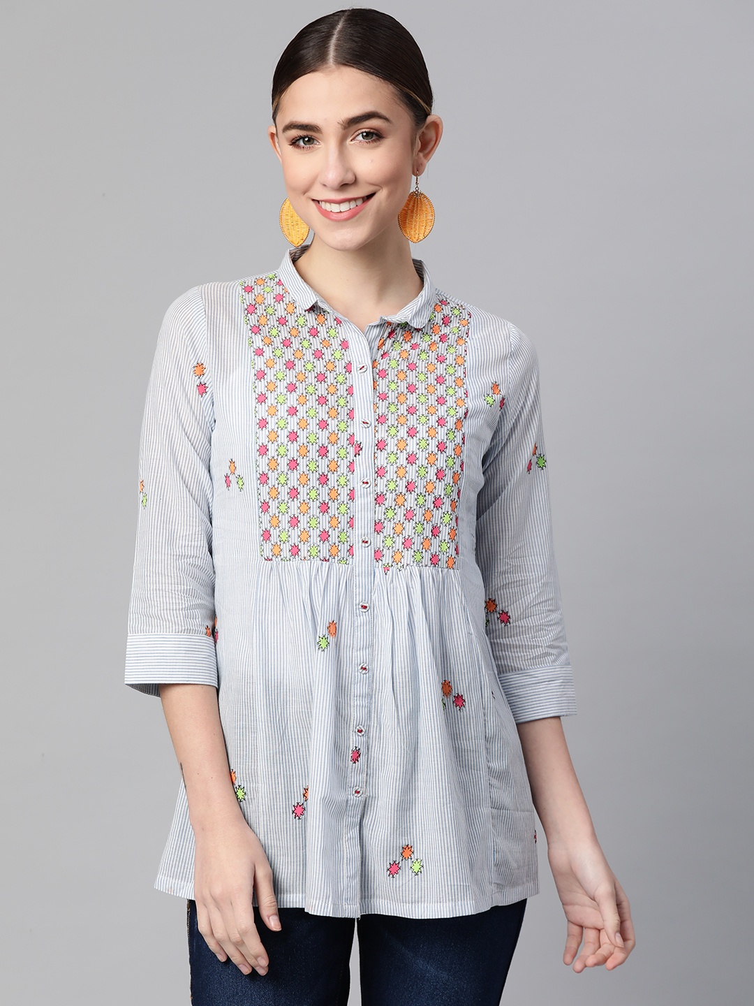 

Rangriti Women Blue & Red Pure Cotton Print Shirt Style Top