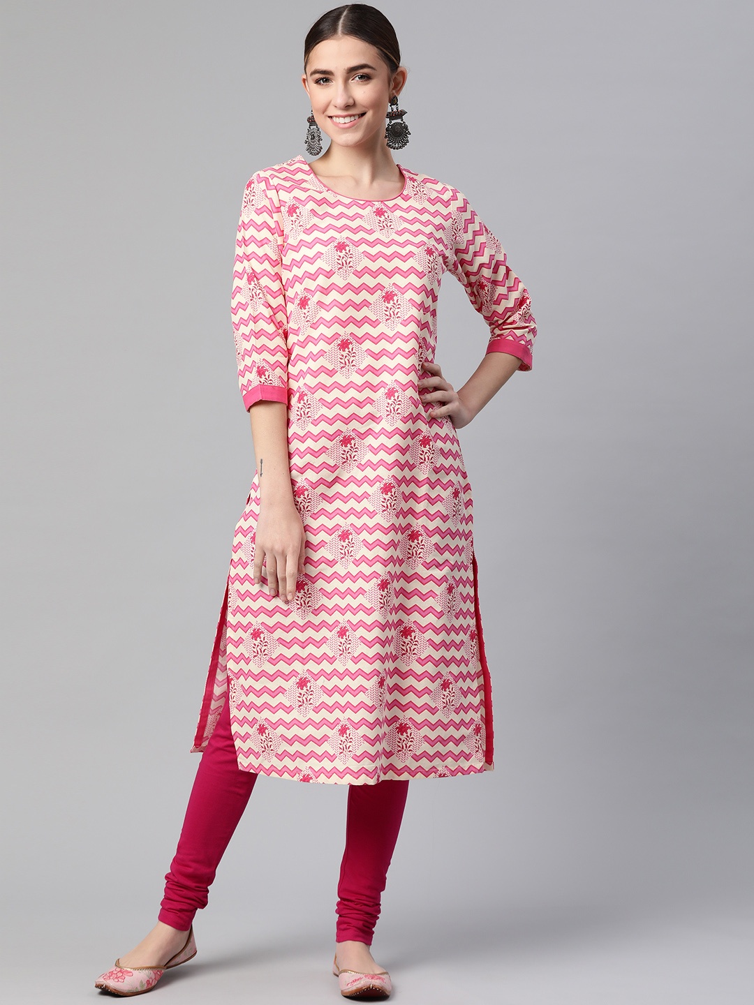 

Rangriti Women Pink & Cream-Coloured Pure Cotton Striped Kurta
