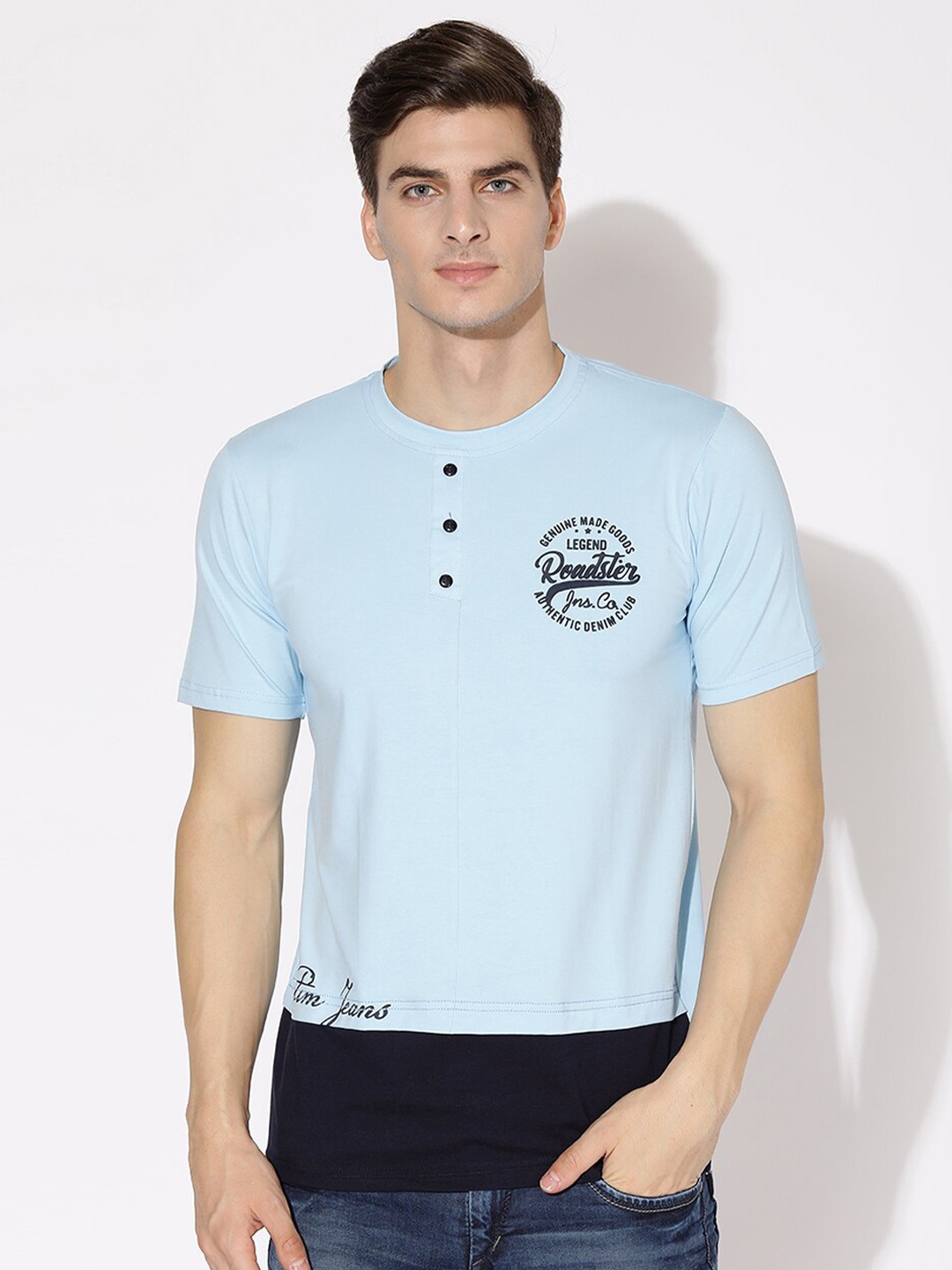 

V2 Value & Variety Men Blue & Black Henley Neck T-shirt