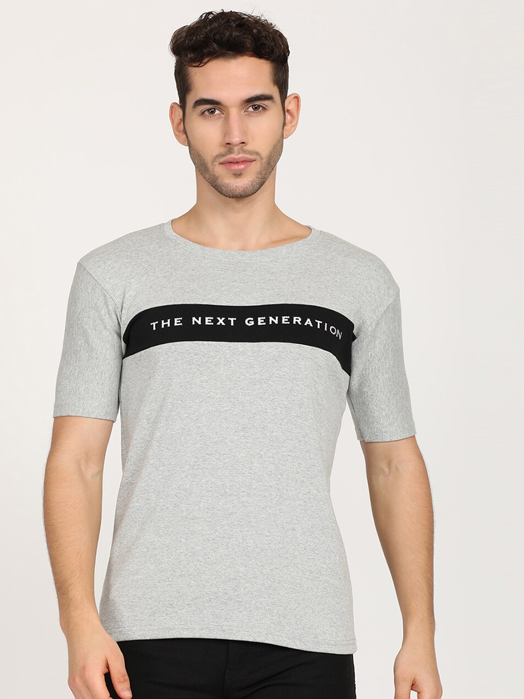 

V2 Value & Variety Men Grey Melange Typography Pockets T-shirt