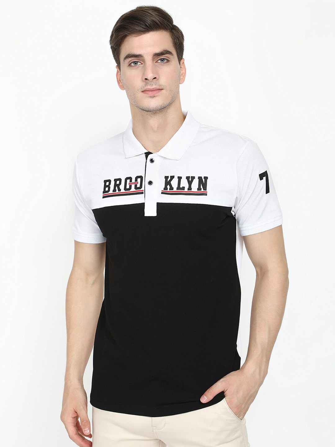 

V2 Value & Variety Men White & Black Colourblocked Polo Collar T-shirt