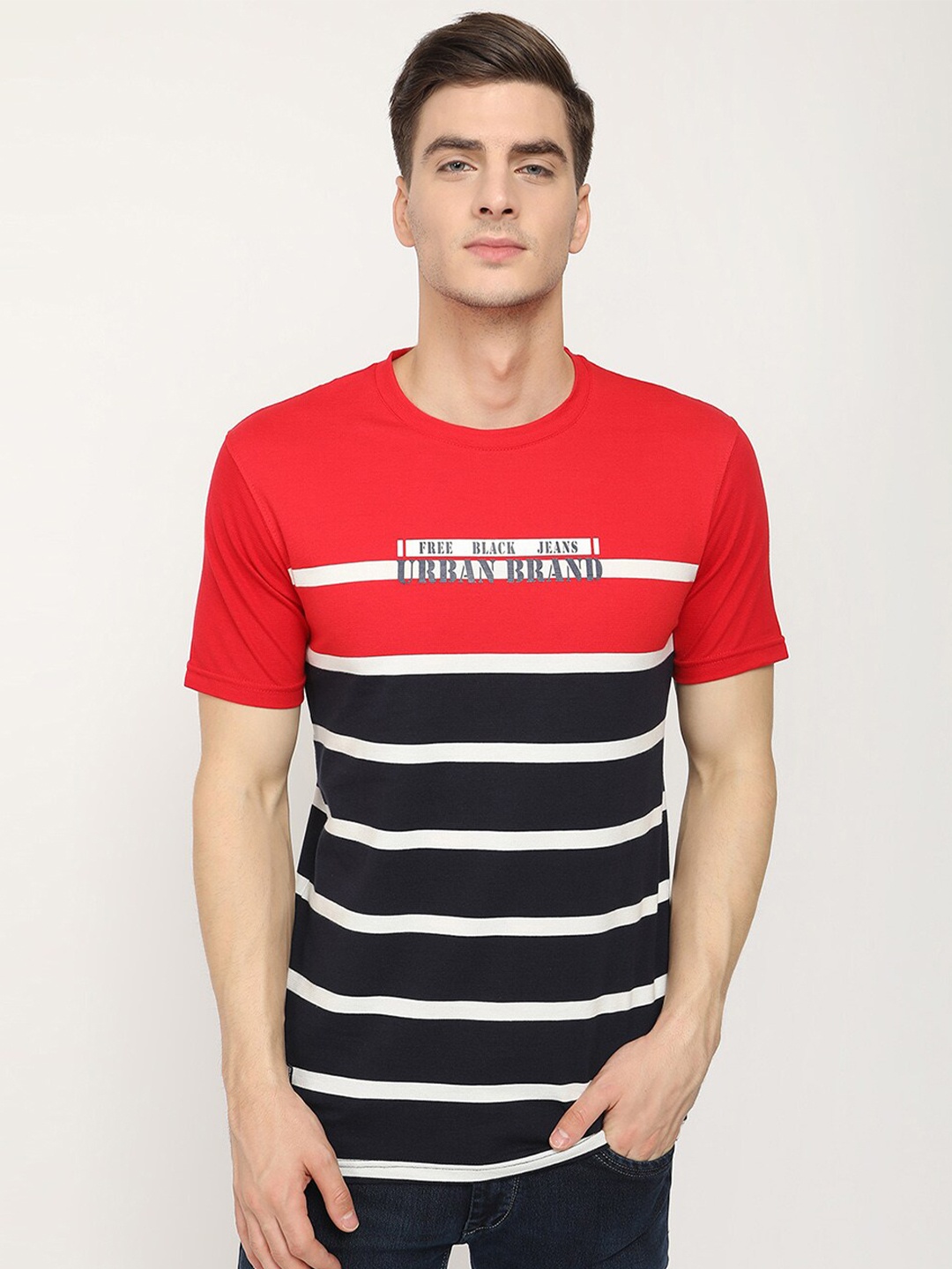 

V2 Value & Variety Men Red & Black Striped T-shirt