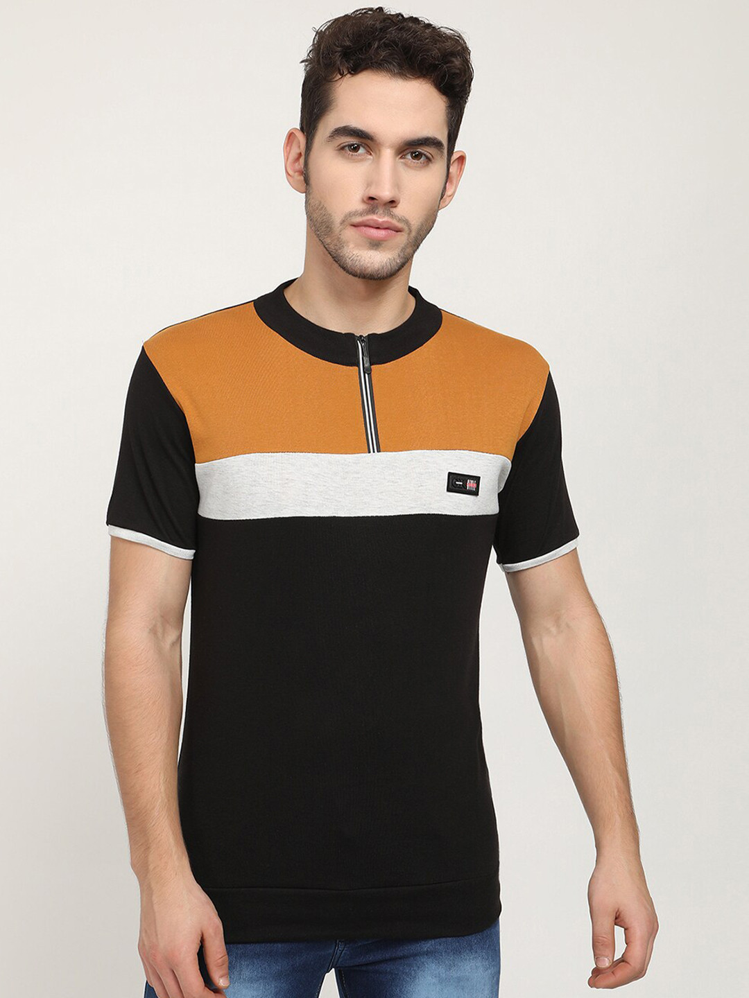 

V2 Value & Variety Men Black & Mustard Yellow Colourblocked T-shirt