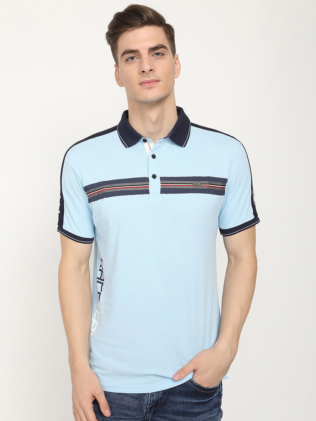 

V2 Value & Variety Men Blue Striped Polo Collar Cotton T-shirt
