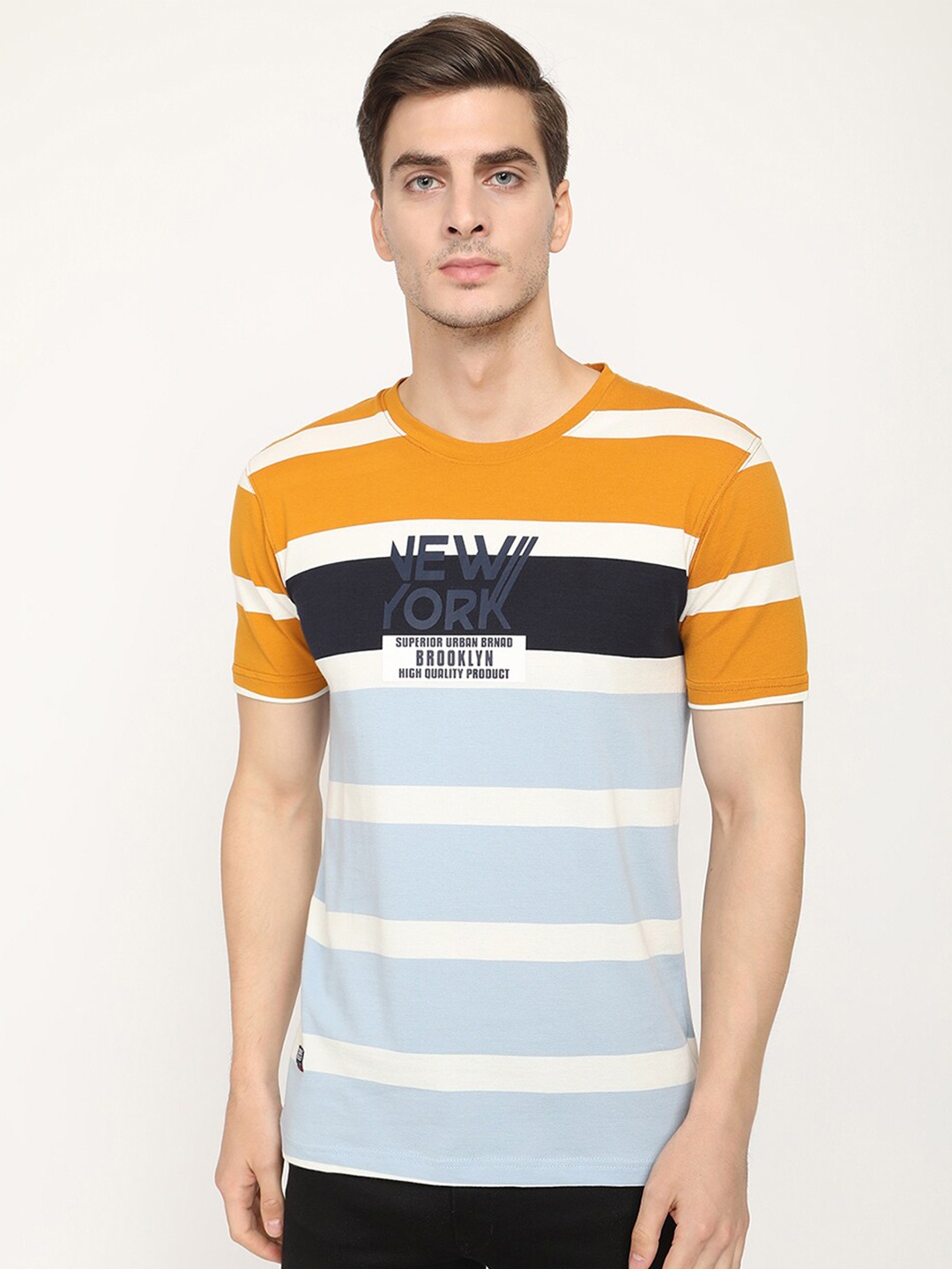 

V2 Value & Variety Men Mustard Yellow & Blue Striped T-shirt