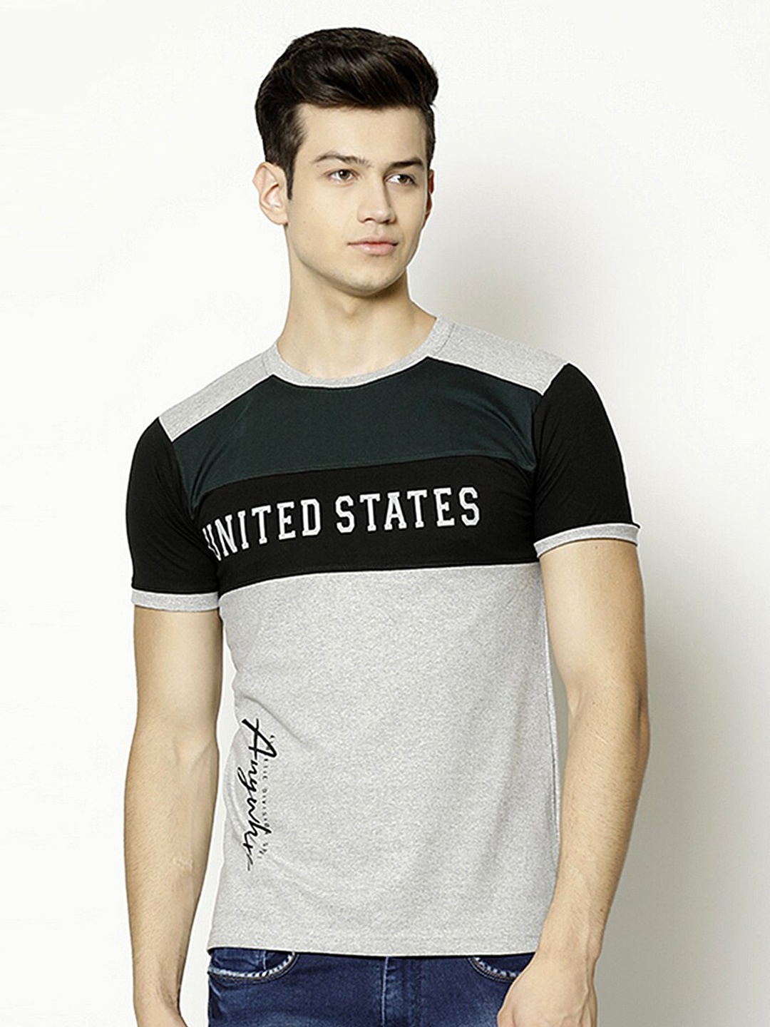 

V2 Value & Variety Men Grey Melange & Black Colourblocked T-shirt