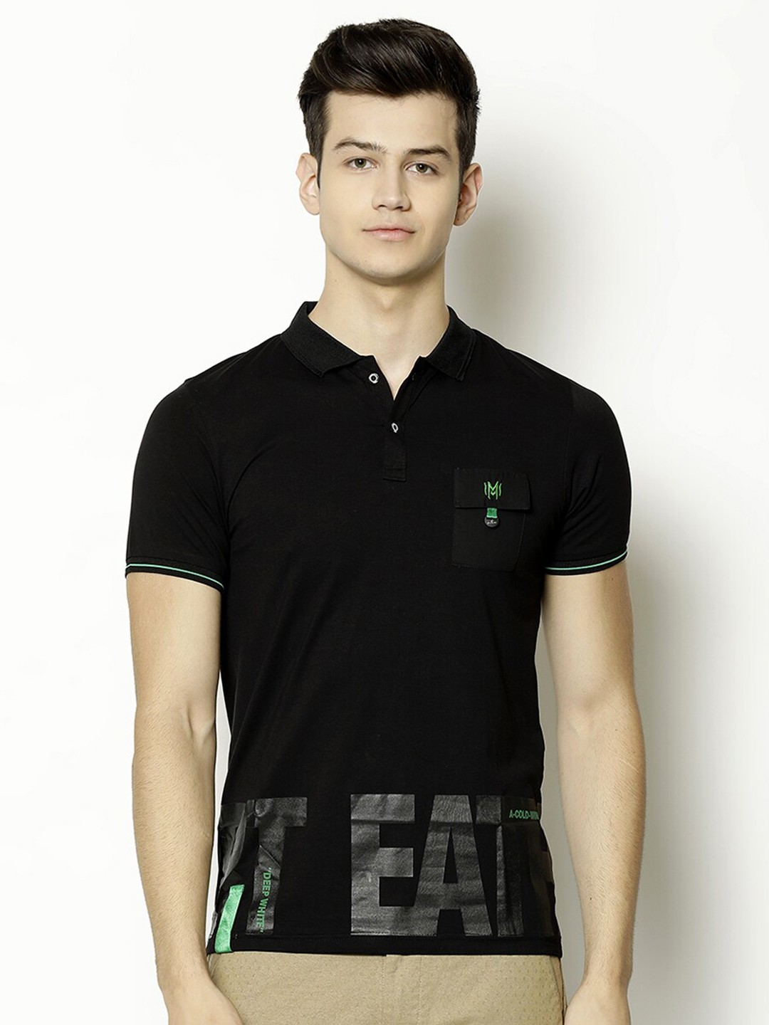 

V2 Value & Variety Men Black Typography Printed Mandarin Collar Cotton T-shirt