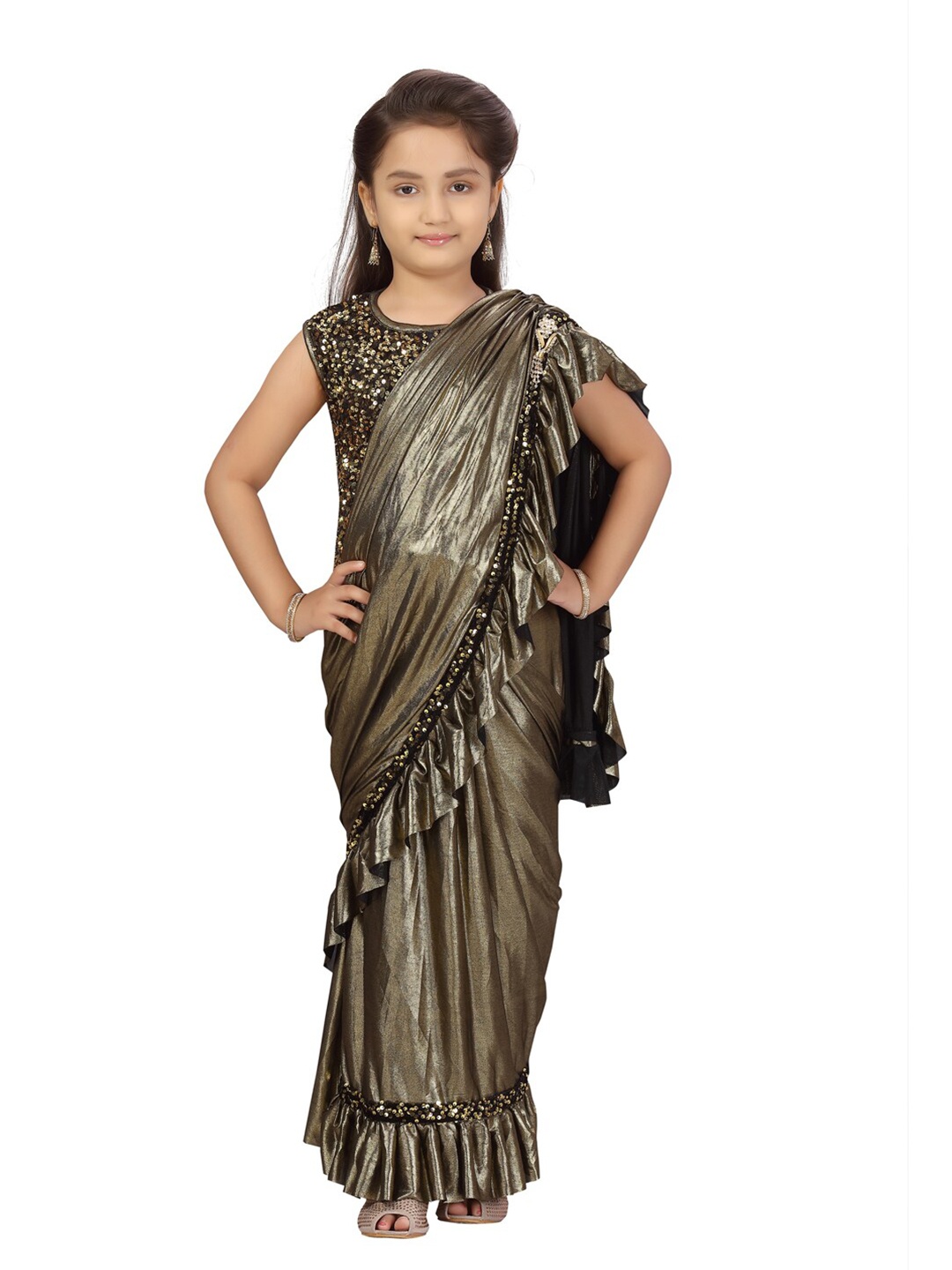 

Aarika Girls Olive Green & Black Embellished Sequinned Ruffled Ready to Wear Saree