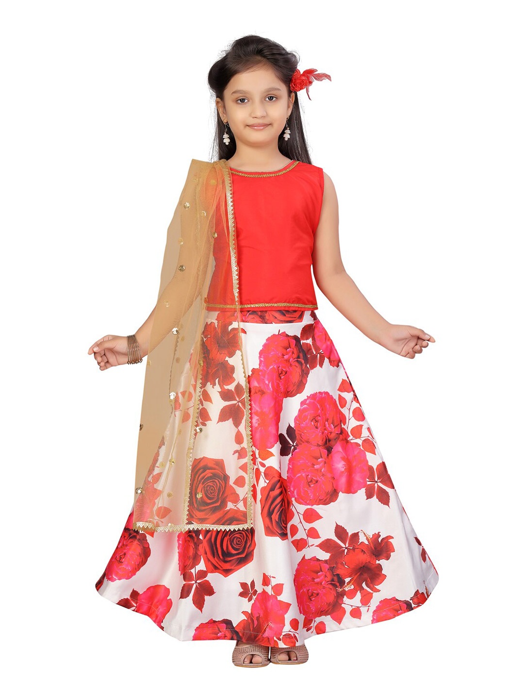 

Aarika Girls Red & White Ready to Wear Lehenga & Blouse With Dupatta