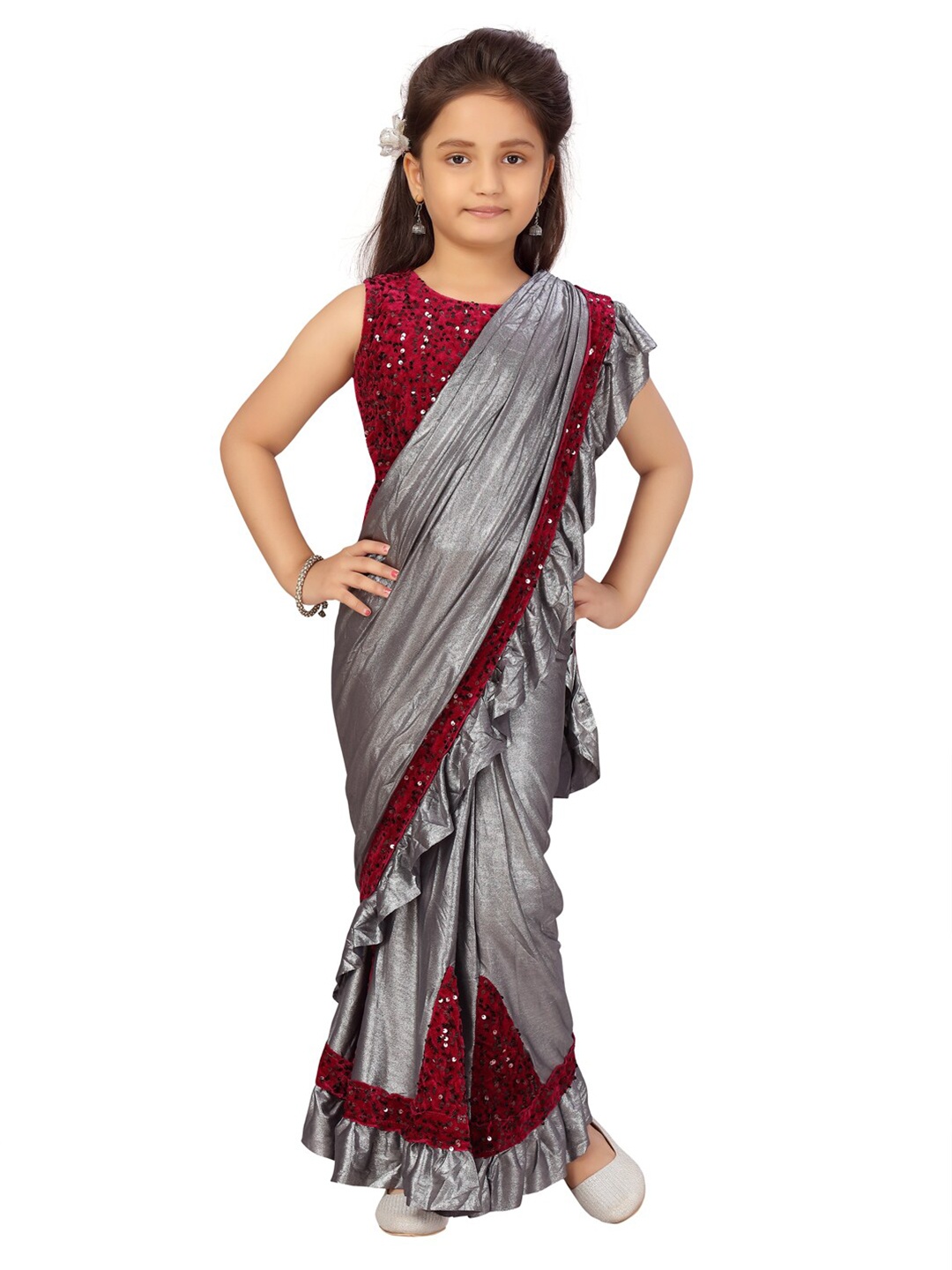 

Aarika Girls Maroon & Grey Embellished Sequinned Ruffled Ready to Wear Saree