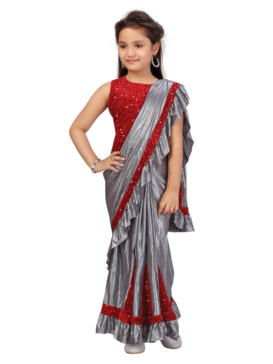 

Aarika Girls Grey & Red Sequinned Ready to Wear Saree