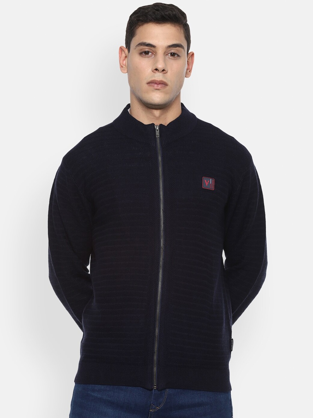 

Van Heusen Sport Men Navy Blue Pure Cotton Front-Open Sweater