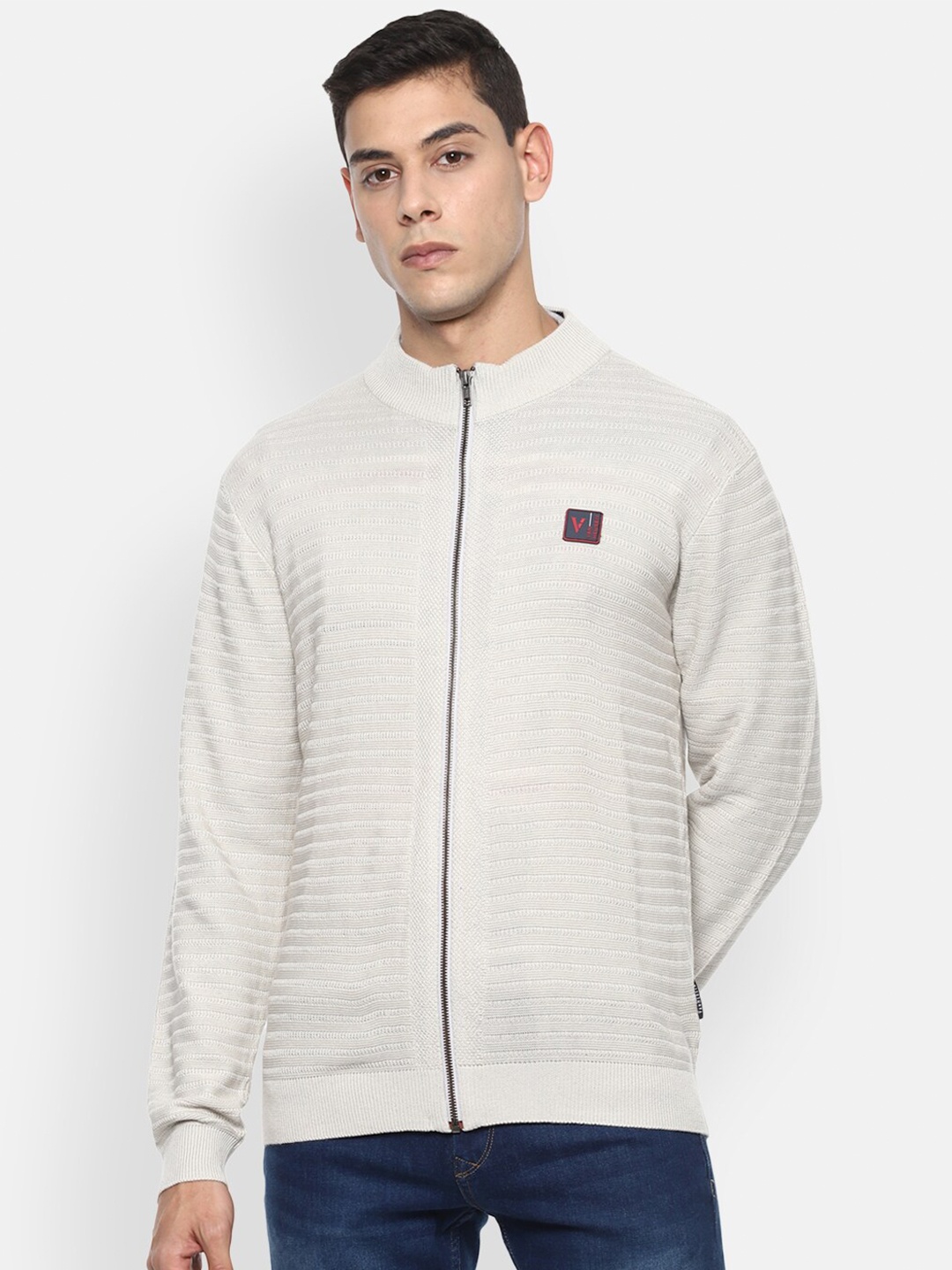 

Van Heusen Sport Men Grey Striped Pure Cotton Front-Open Sweater
