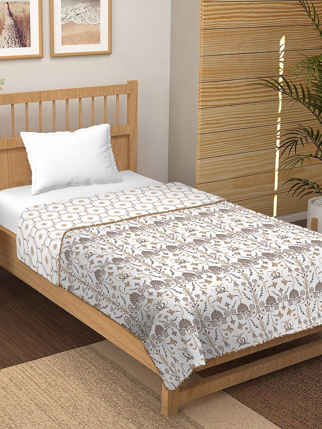 

BELLA CASA Brown & White Floral Pure Cotton Reversible AC Room 210 GSM Single Bed Dohar