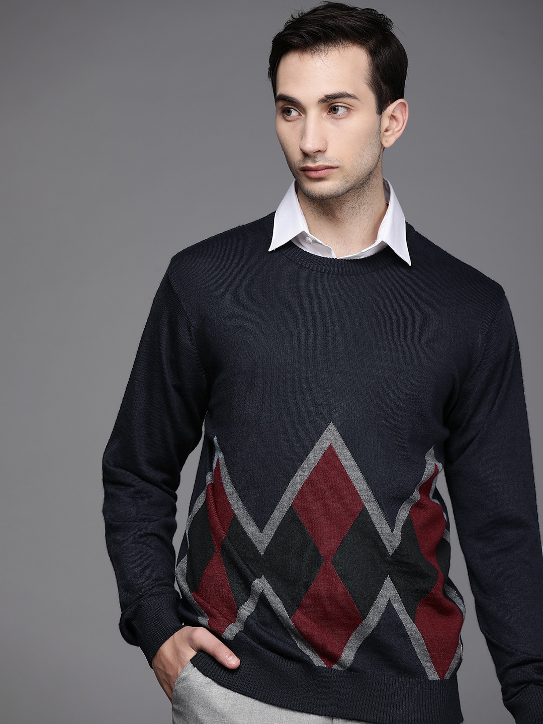 

Raymond Men Navy Blue & Maroon Printed Pullover Sweater