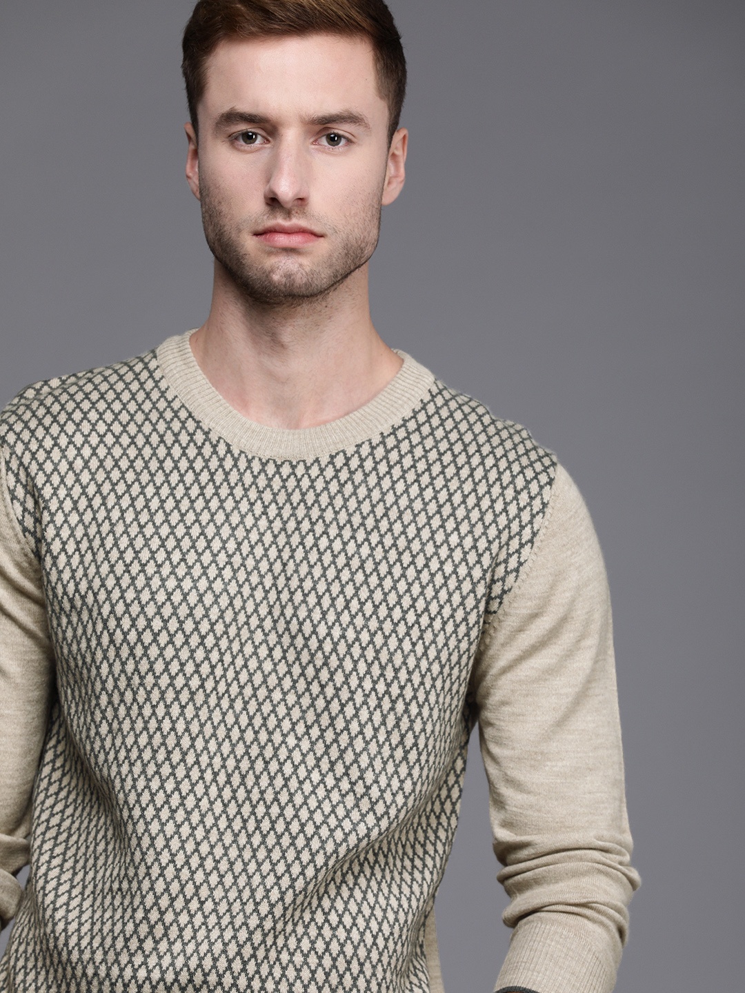 

Raymond Men Beige & Black Argyle Printed Round Neck Pullover Sweater