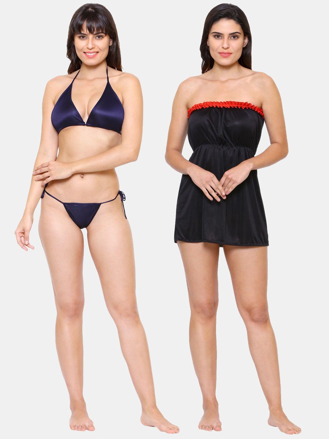 

Klamotten Black & Red Strapless Baby Doll With Bikini Set, Navy blue