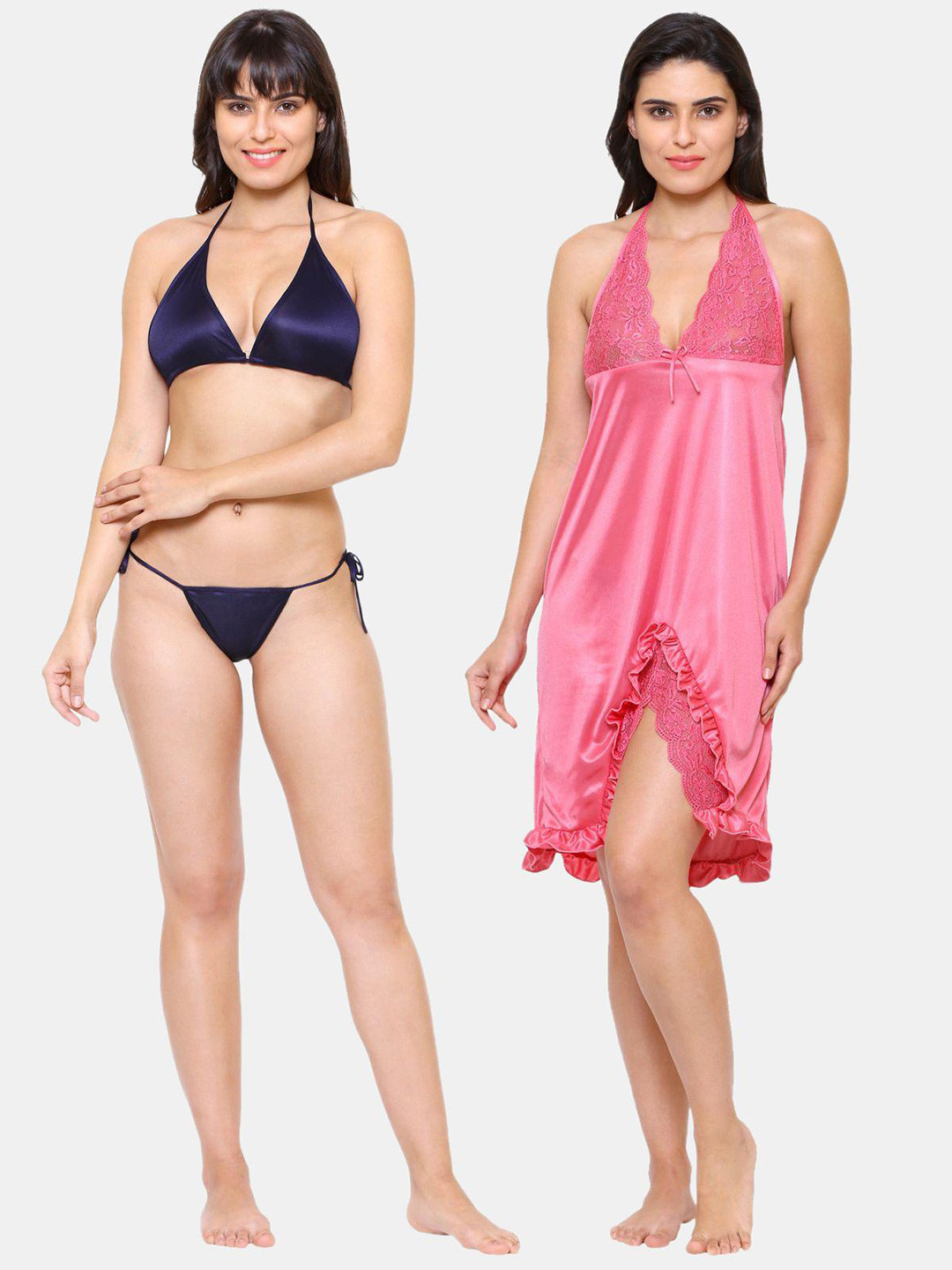 

Klamotten Navy Blue & Pink Satin Baby Doll With Bikini Set