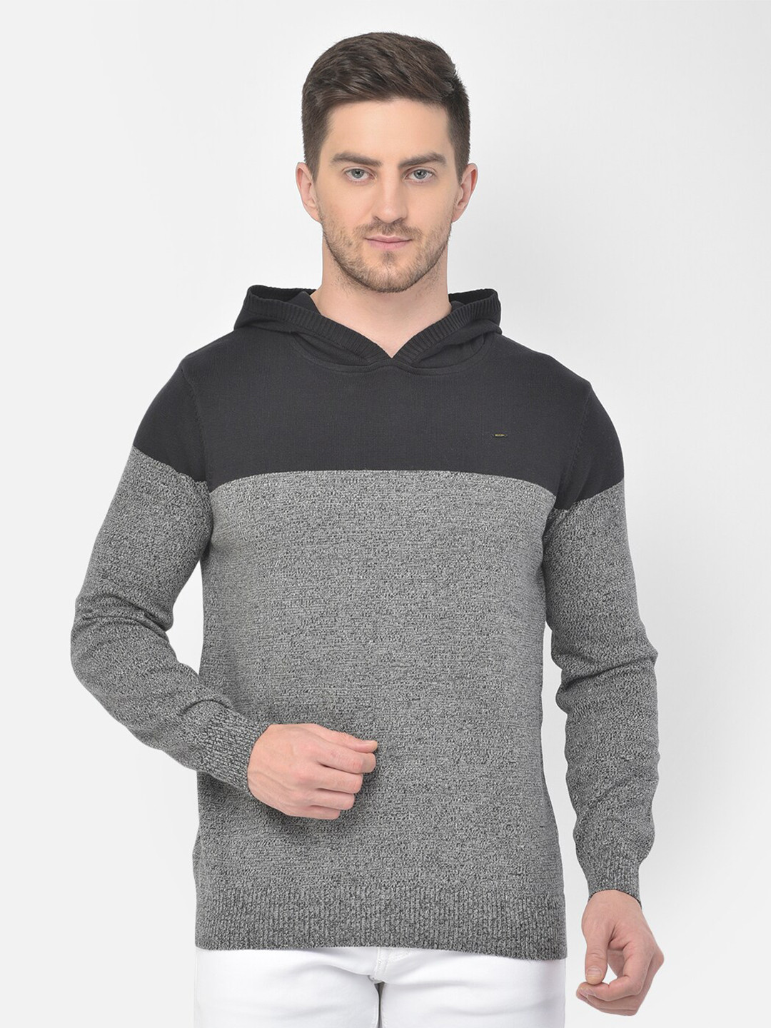 

Richlook Men Black & Grey Colourblocked Pure Acrylic Hooded Pullover Sweater