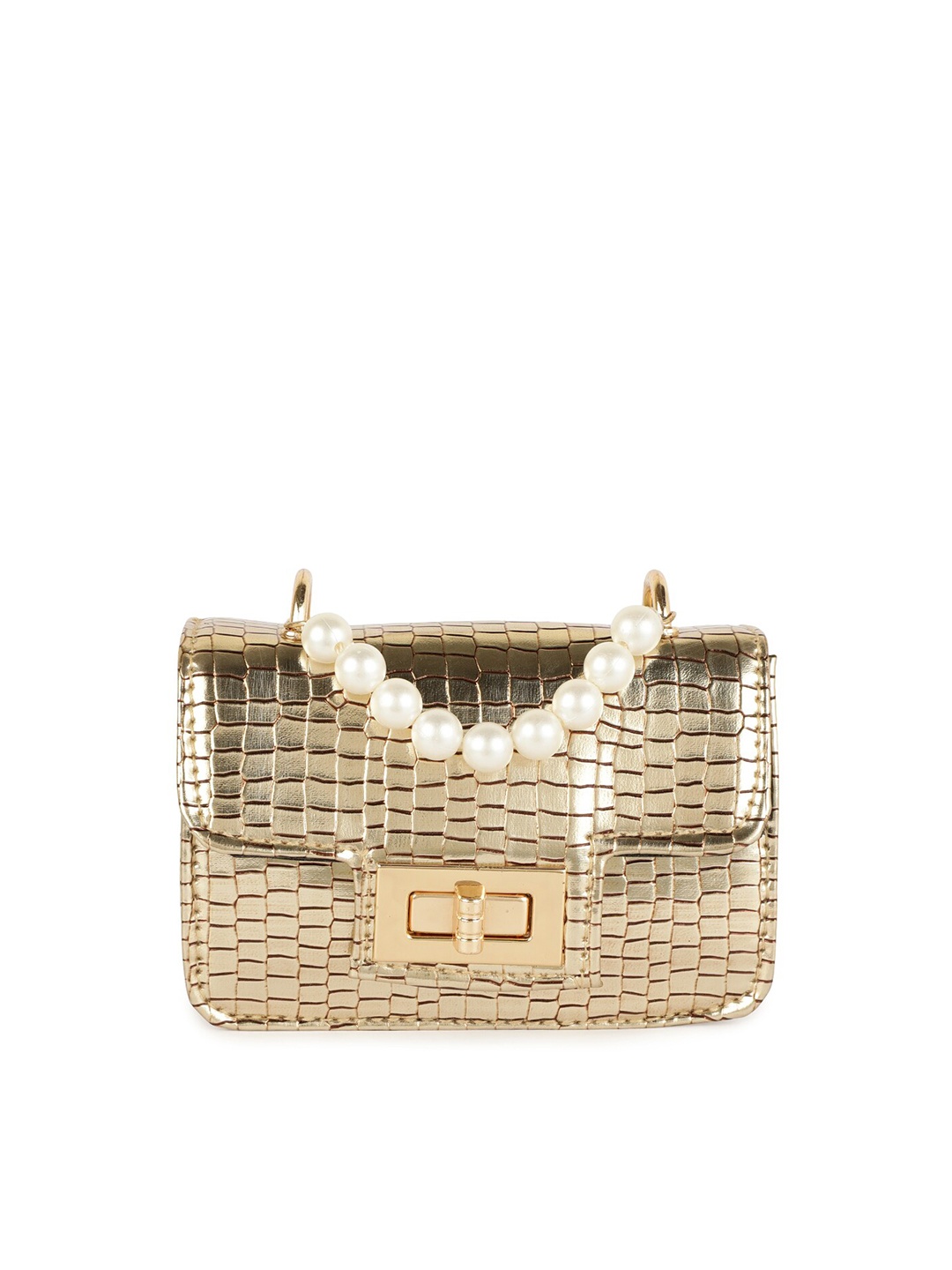 

ZEVORA Gold-Toned Textured Embellished Box Clutch With Pearls Wrist Loop