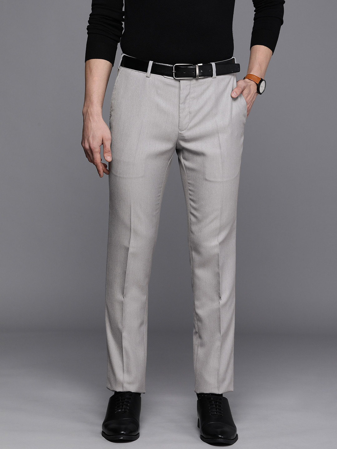 

Raymond Men Grey Textured Mid Rise Slim Fit Pleated Formal Trousers