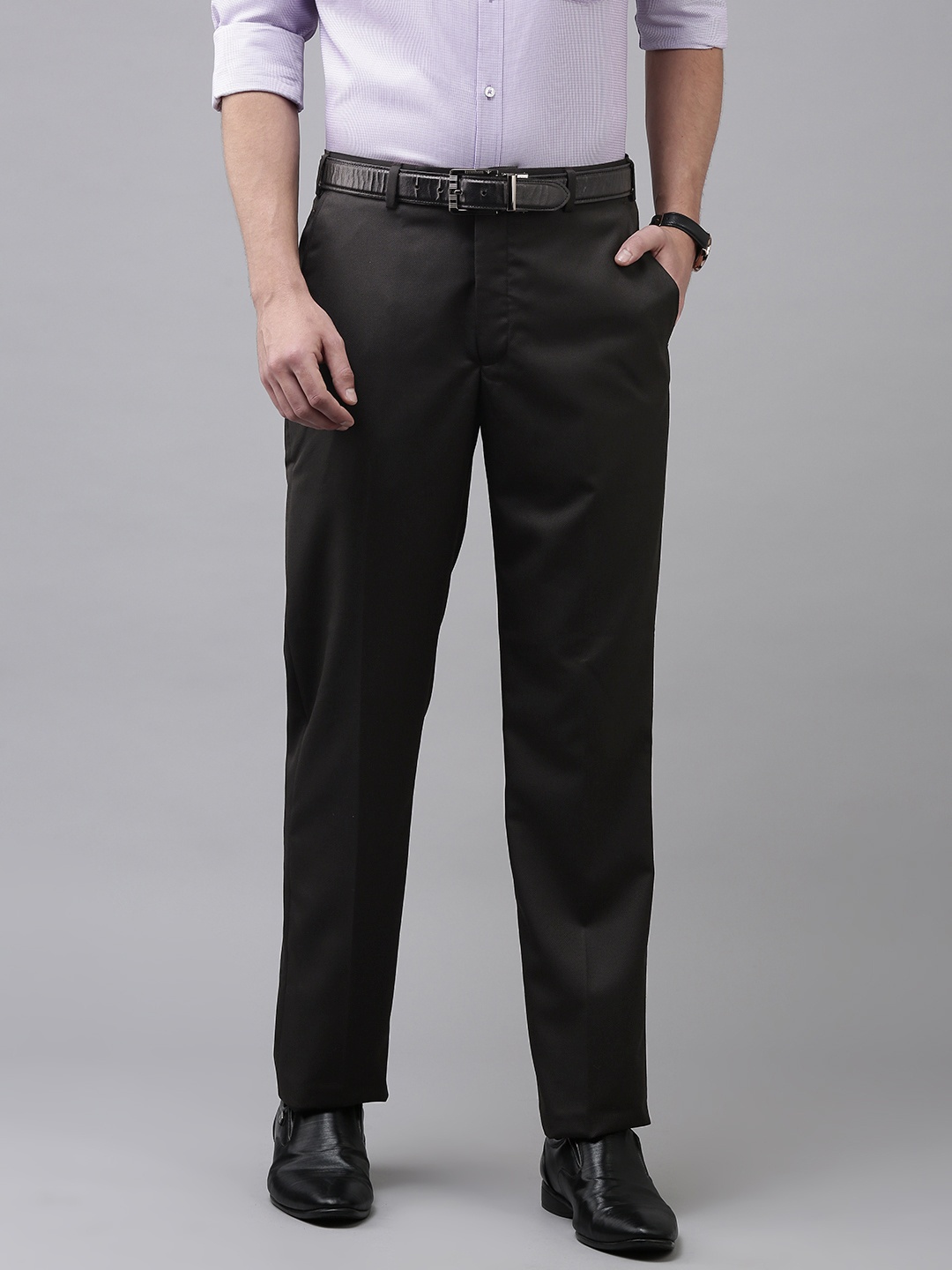 

Park Avenue Men Black Textured Smart Fit Mid Rise Formal Trousers