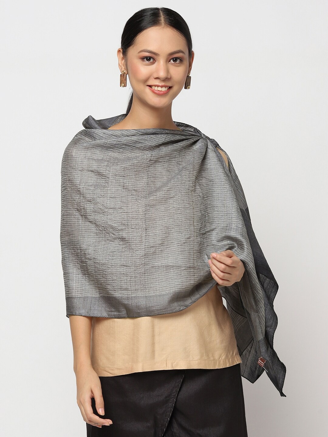 

Fabindia Women Grey Striped Silk Stole