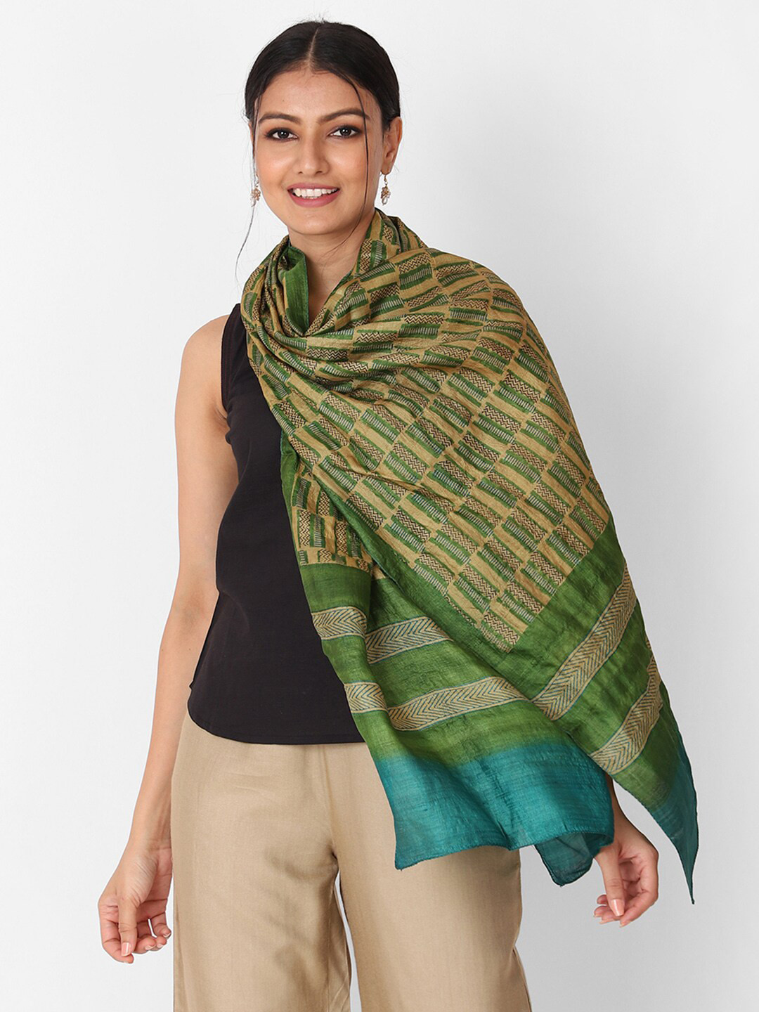 

Fabindia Women Green & Blue Silk Printed Stole